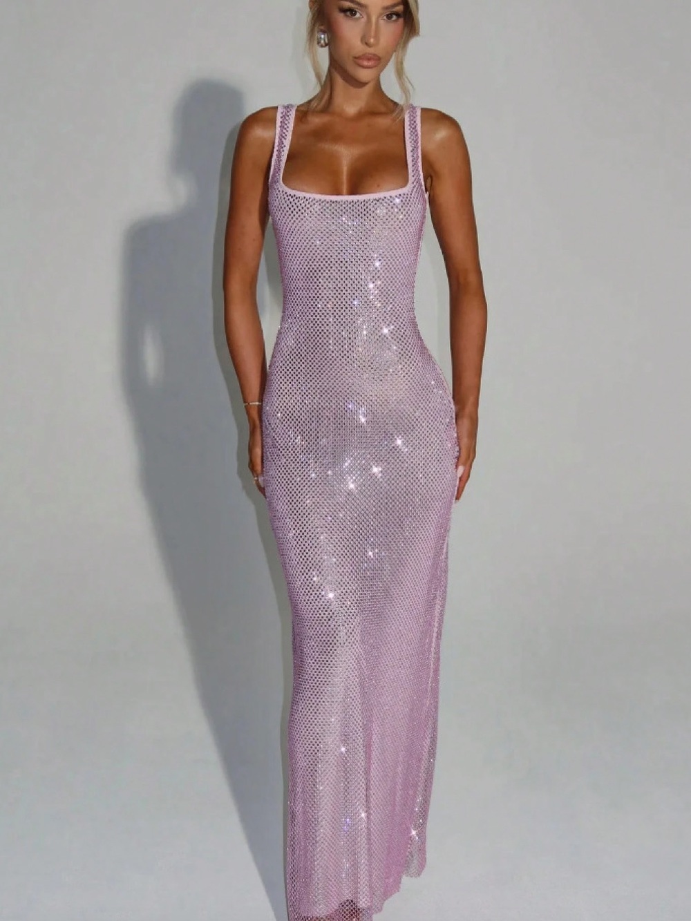 Sequin Rhinestone Pink Maxi Dress